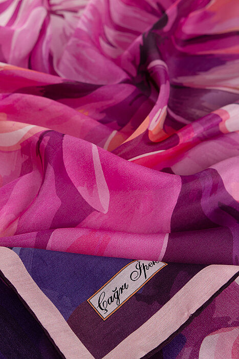 Fuchsia Peony Pattern Cotton Silk Square Scarf - 2