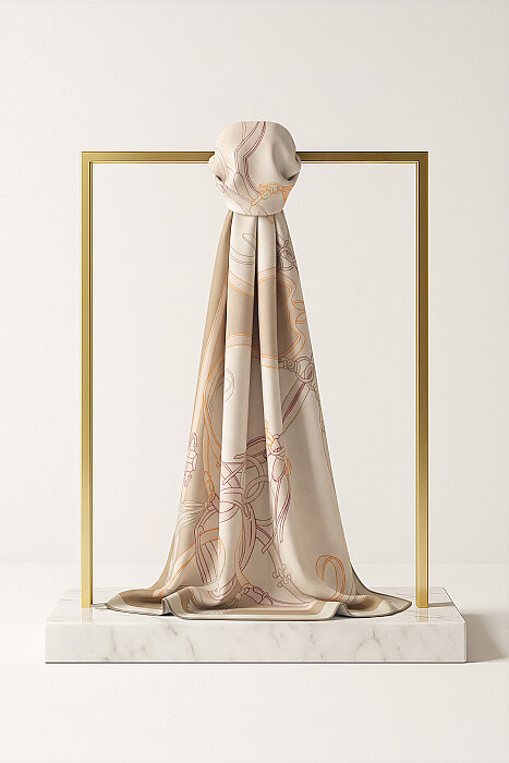 Gold Cream Aveline Pattern Twill Silk Scarf (1)