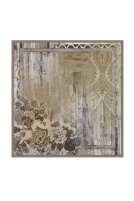 Gold Vintage Peony Desen Tivil İpek Eşarp (1)