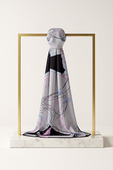 Grey Black Aveline Pattern Twill Silk Scarf (1)