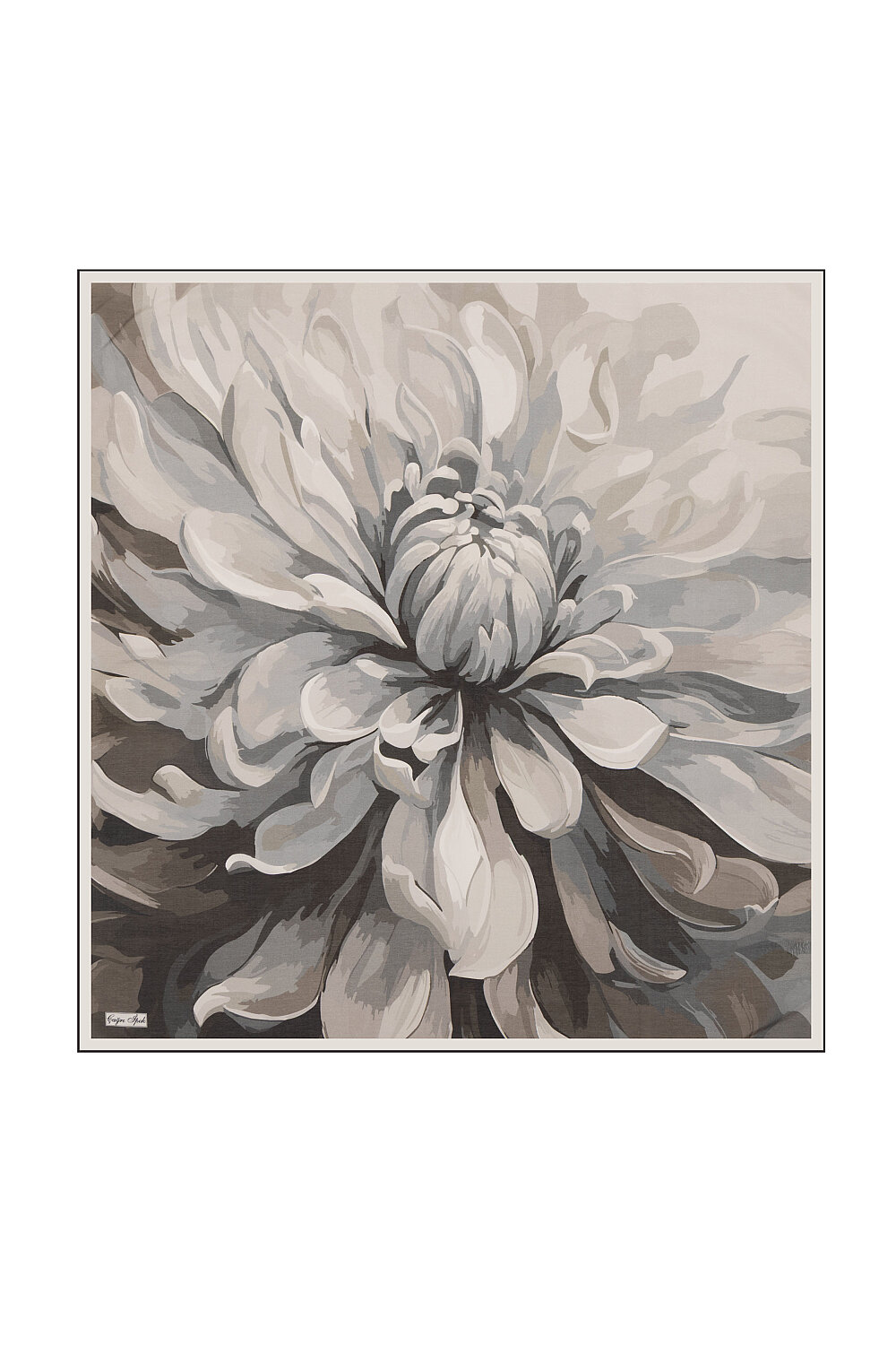 Grey Peony Pattern Cotton Silk Square Scarf - 1