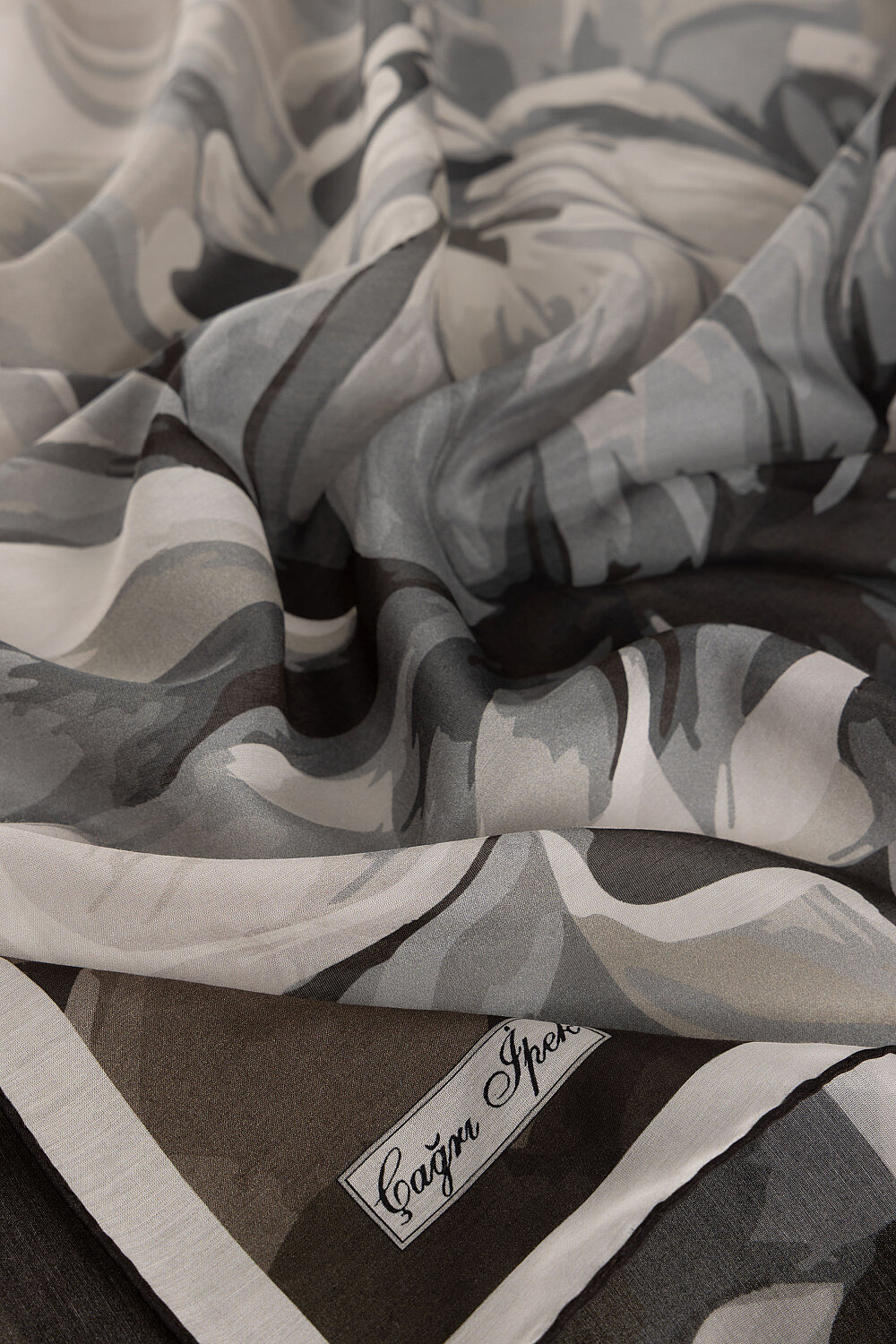 Grey Peony Pattern Cotton Silk Square Scarf - 2