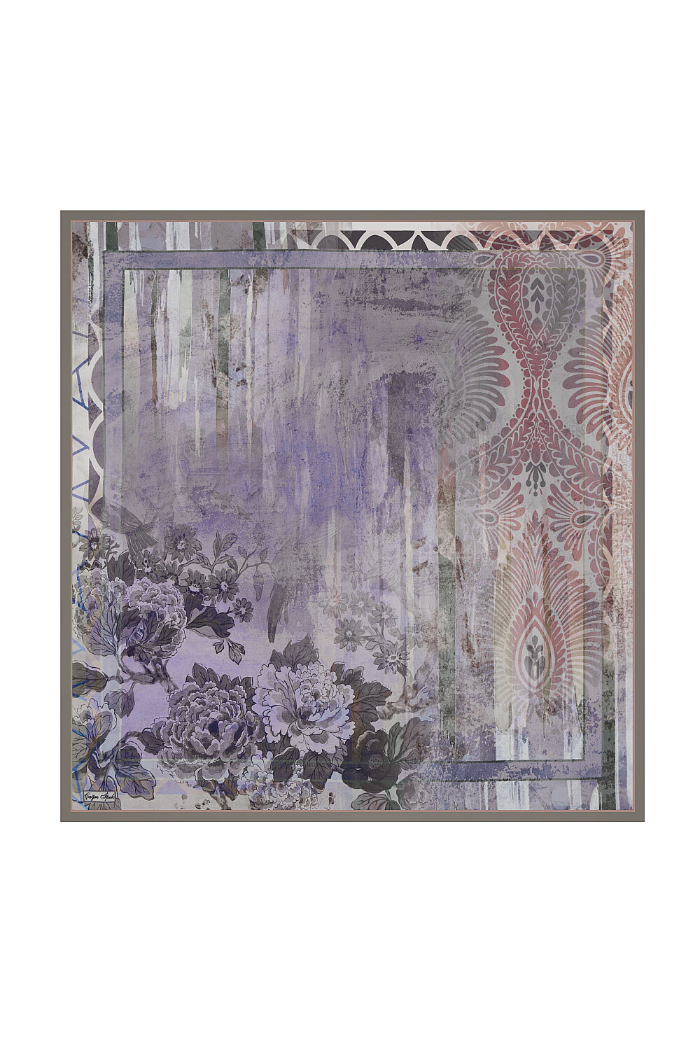 Mor Vintage Peony Desen Tivil İpek Eşarp - 1