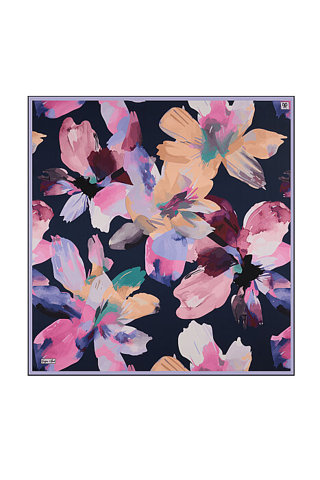 Navy Blue Opal Pattern Twill Silk Square Scarf 