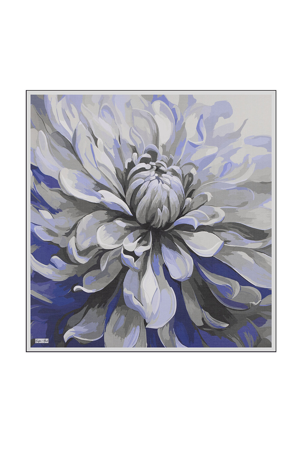 Navy Blue Peony Pattern Cotton Silk Square Scarf - 1