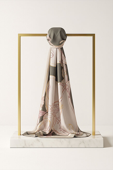 Sage Green Khaki Aveline Pattern Twill Silk Scarf (1)
