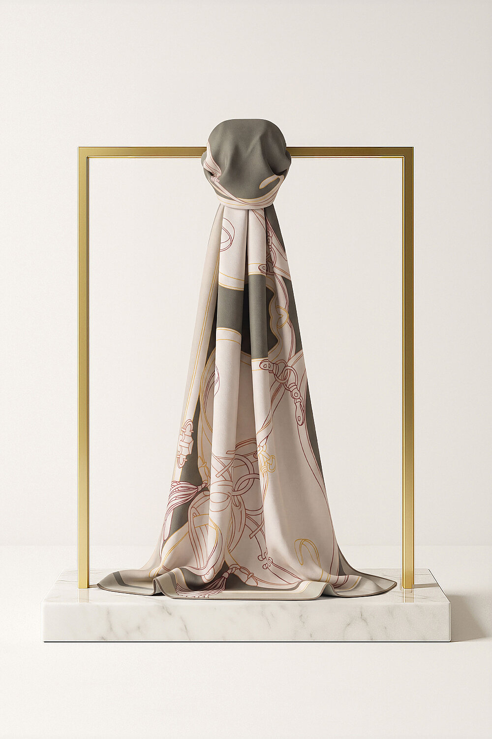 Sage Green Khaki Aveline Pattern Twill Silk Scarf - 1